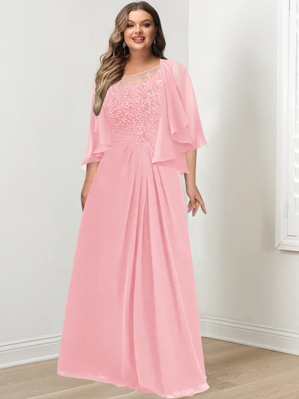 A-Line/Princess Scoop Floor-Length Plus Size Mother of the Bride Dresses with Pleated & Sequins