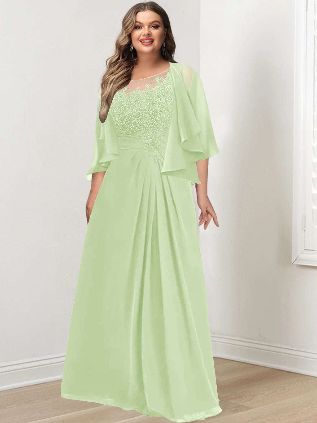 A-Line/Princess Scoop Floor-Length Plus Size Mother of the Bride Dresses with Pleated & Sequins