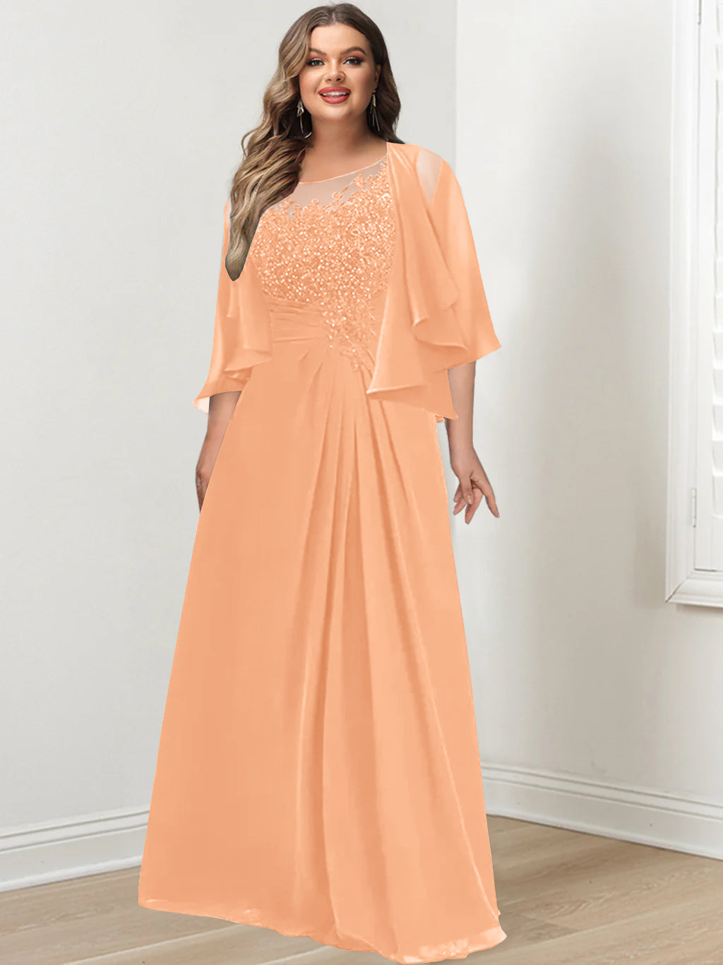 A-Line/Princess Scoop Floor-Length Plus Size Mother of the Bride Dresses with Pleated & Sequins