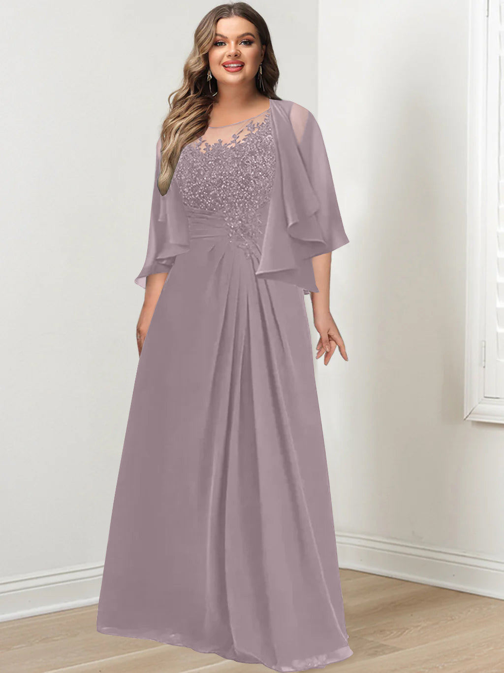 A-Line/Princess Scoop Floor-Length Plus Size Mother of the Bride Dresses with Pleated & Sequins