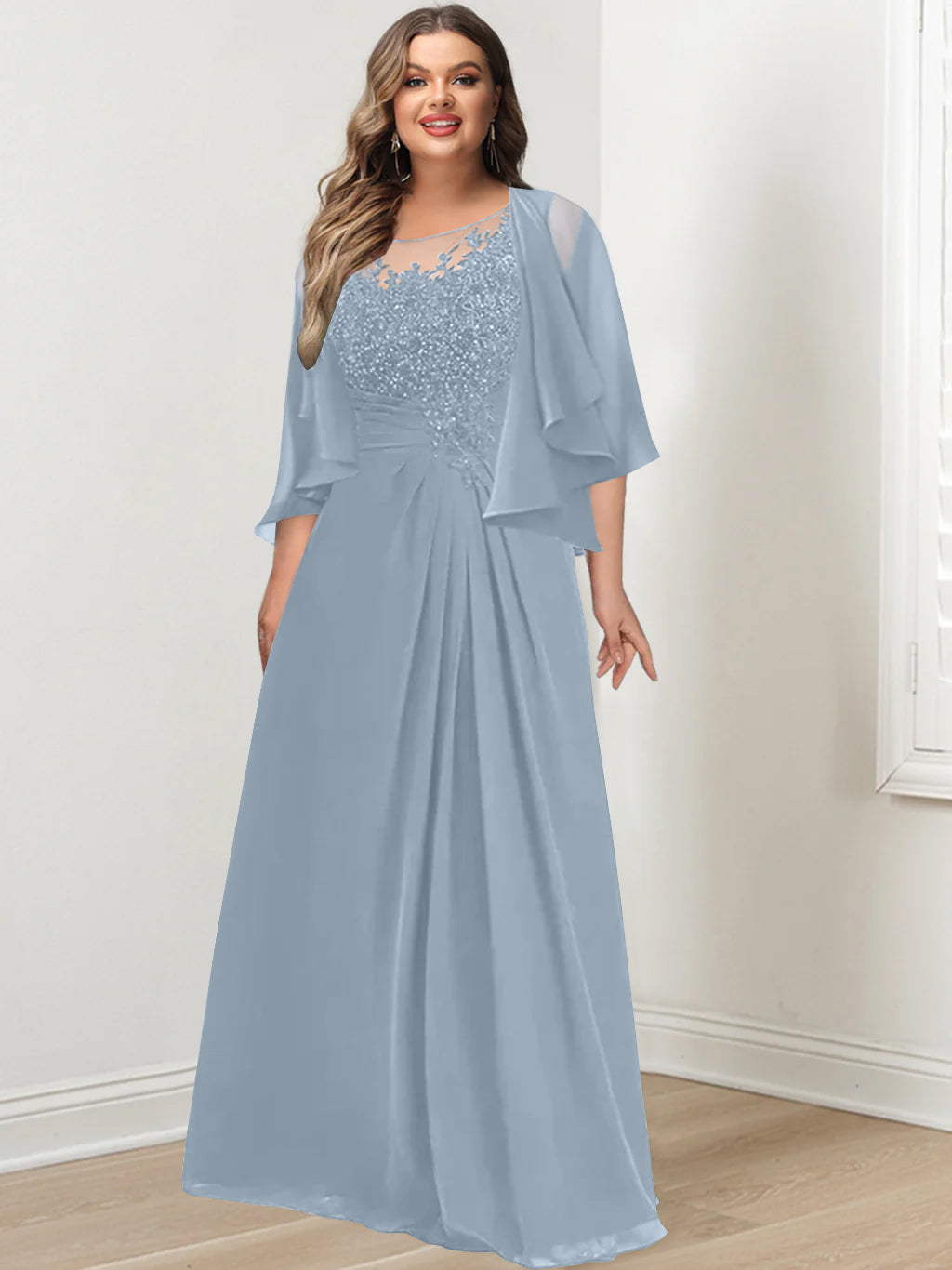 A-Line/Princess Scoop Floor-Length Plus Size Mother of the Bride Dresses with Pleated & Sequins