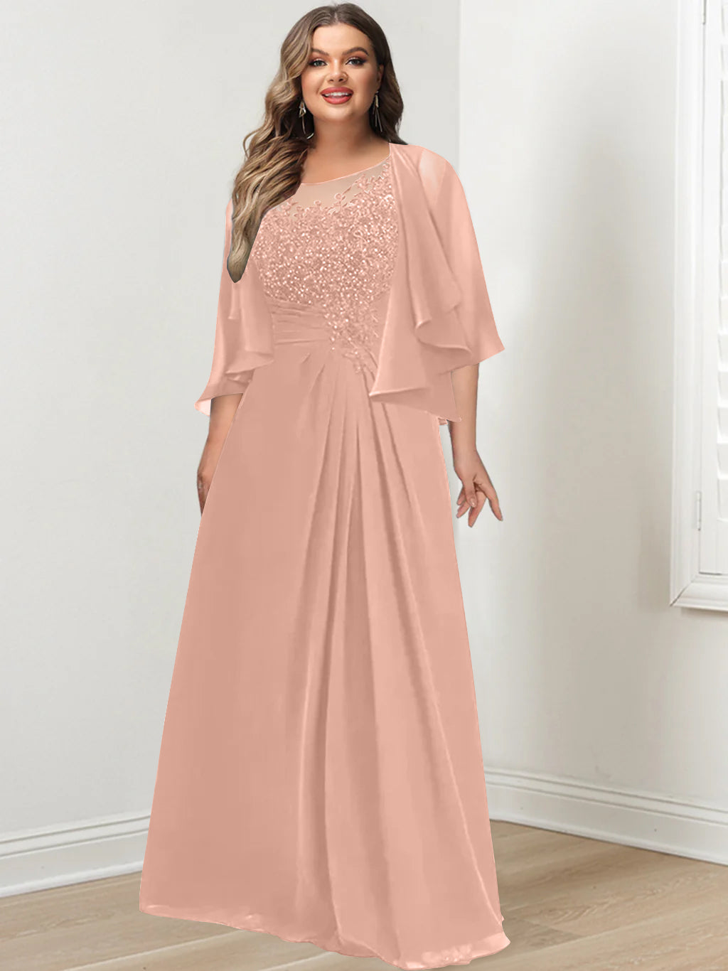 A-Line/Princess Scoop Floor-Length Plus Size Mother of the Bride Dresses with Pleated & Sequins