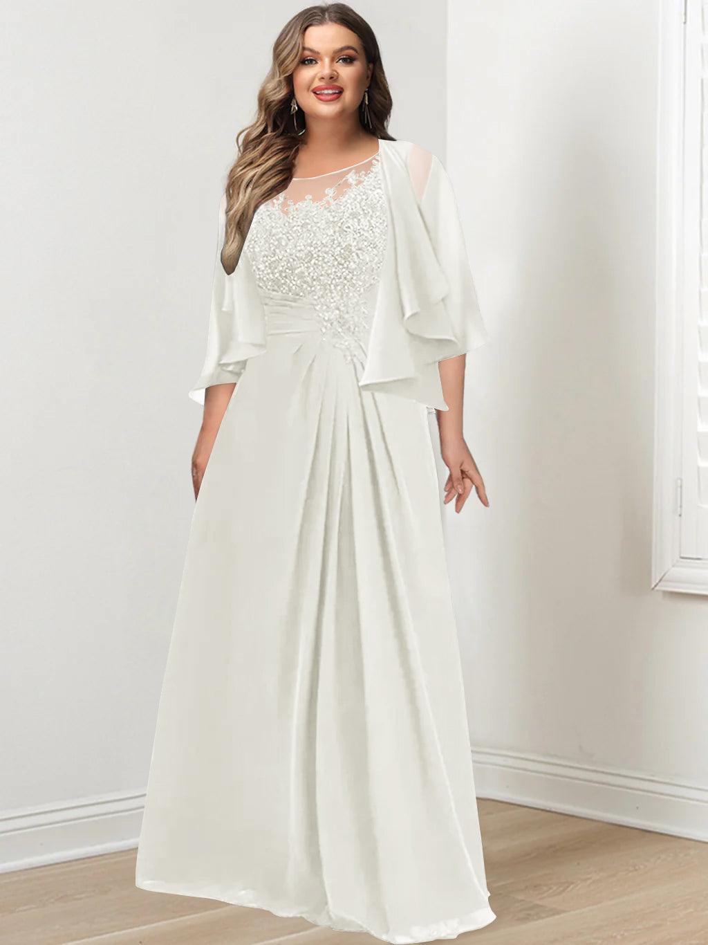 A-Line/Princess Scoop Floor-Length Plus Size Mother of the Bride Dresses with Pleated & Sequins