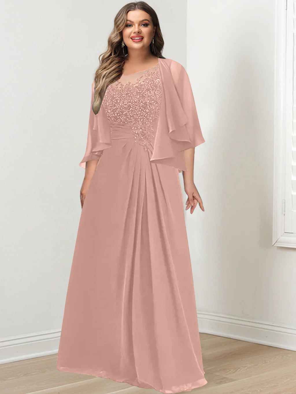 A-Line/Princess Scoop Floor-Length Plus Size Mother of the Bride Dresses with Pleated & Sequins