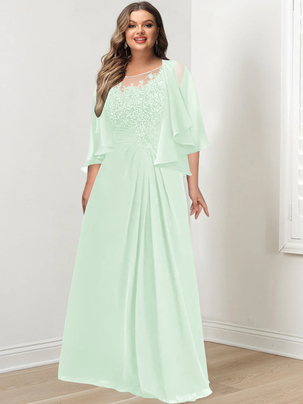 A-Line/Princess Scoop Floor-Length Plus Size Mother of the Bride Dresses with Pleated & Sequins