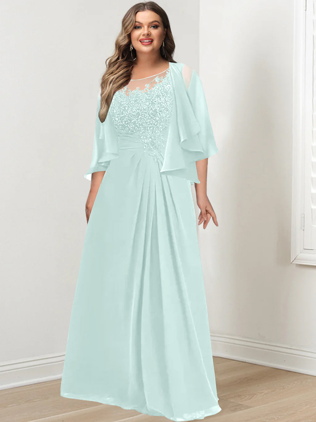 A-Line/Princess Scoop Floor-Length Plus Size Mother of the Bride Dresses with Pleated & Sequins