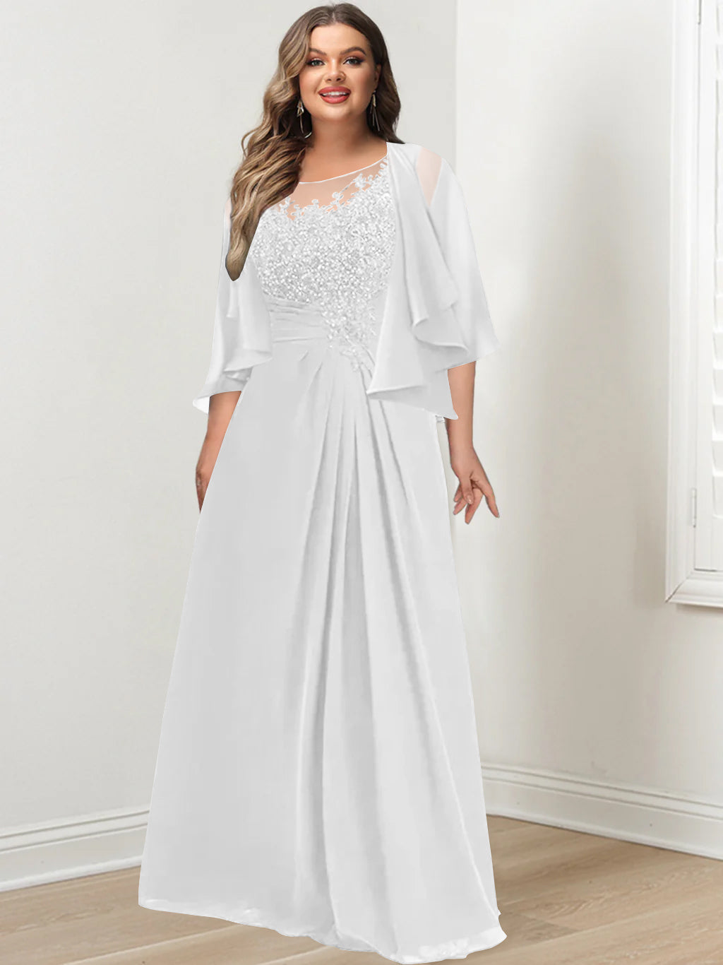 A-Line/Princess Scoop Floor-Length Plus Size Mother of the Bride Dresses with Pleated & Sequins