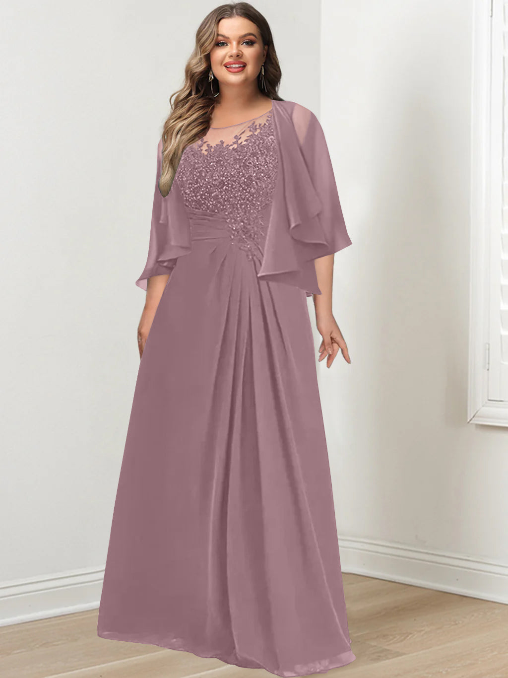 A-Line/Princess Scoop Floor-Length Plus Size Mother of the Bride Dresses with Pleated & Sequins