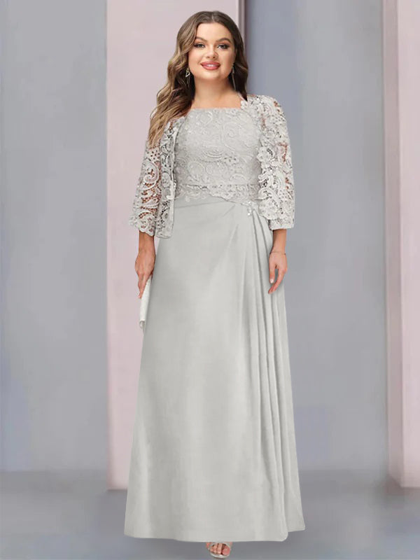 A-Line/Princess Scoop Floor-Length Plus Size Mother of the Bride Dresses with Pleated & Lace Appliques