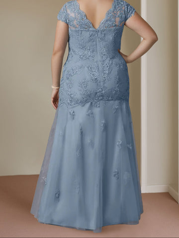 Trumpet/Mermaid Sweetheart Cap Sleeves Floor-Length Plus Size Mother of the Bride Dresses with Lace, Beaded & Sequins