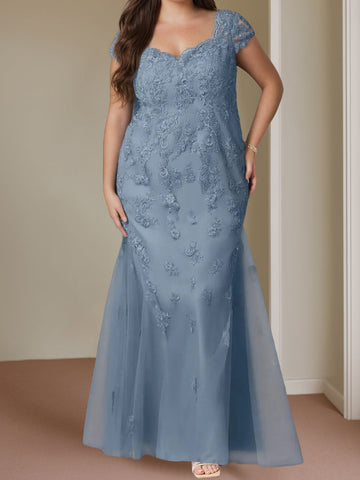Trumpet/Mermaid Sweetheart Cap Sleeves Floor-Length Plus Size Mother of the Bride Dresses with Lace, Beaded & Sequins