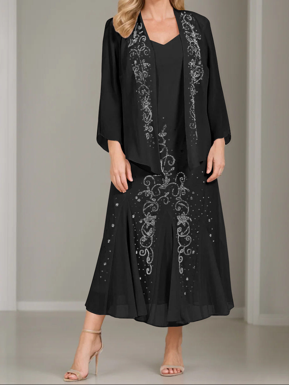 A-Line/Princess 2 Pieces V-Neck Tea-Length Plus Size Mother of the Bride Dresses with Jacket & Sequins