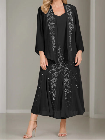 A-Line/Princess 2 Pieces V-Neck Tea-Length Plus Size Mother of the Bride Dresses with Jacket & Sequins