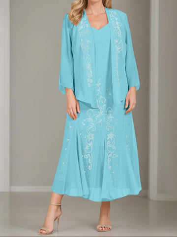 A-Line/Princess 2 Pieces V-Neck Tea-Length Plus Size Mother of the Bride Dresses with Jacket & Sequins