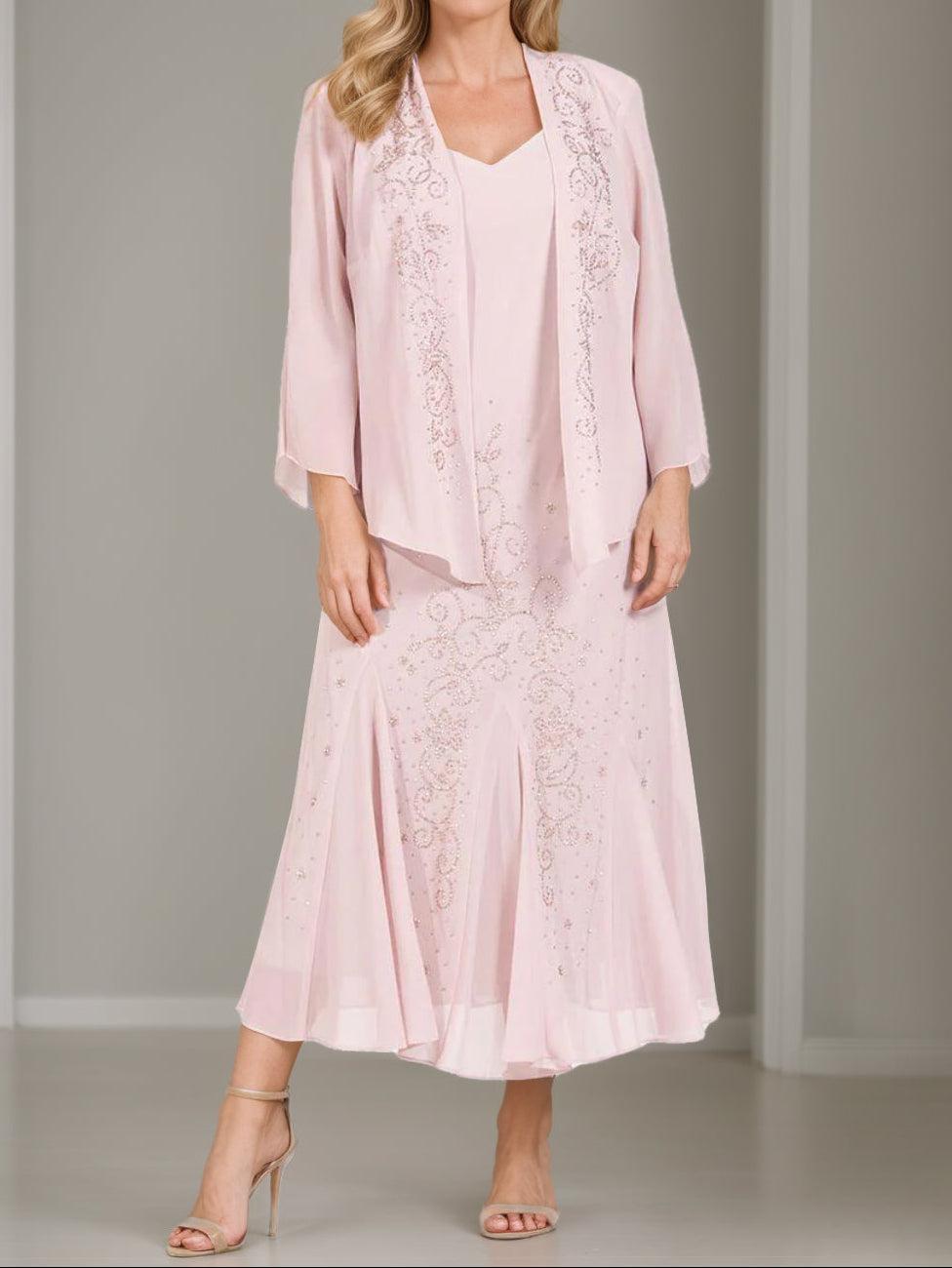 A-Line/Princess 2 Pieces V-Neck Tea-Length Plus Size Mother of the Bride Dresses with Jacket & Sequins