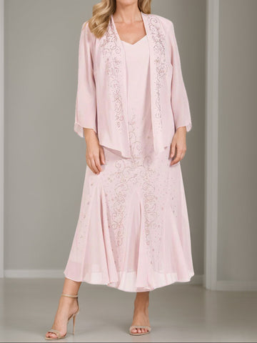 A-Line/Princess 2 Pieces V-Neck Tea-Length Plus Size Mother of the Bride Dresses with Jacket & Sequins