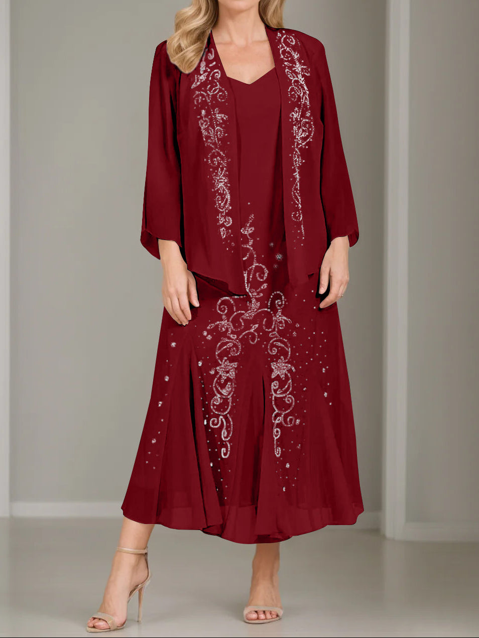 A-Line/Princess 2 Pieces V-Neck Tea-Length Plus Size Mother of the Bride Dresses with Jacket & Sequins