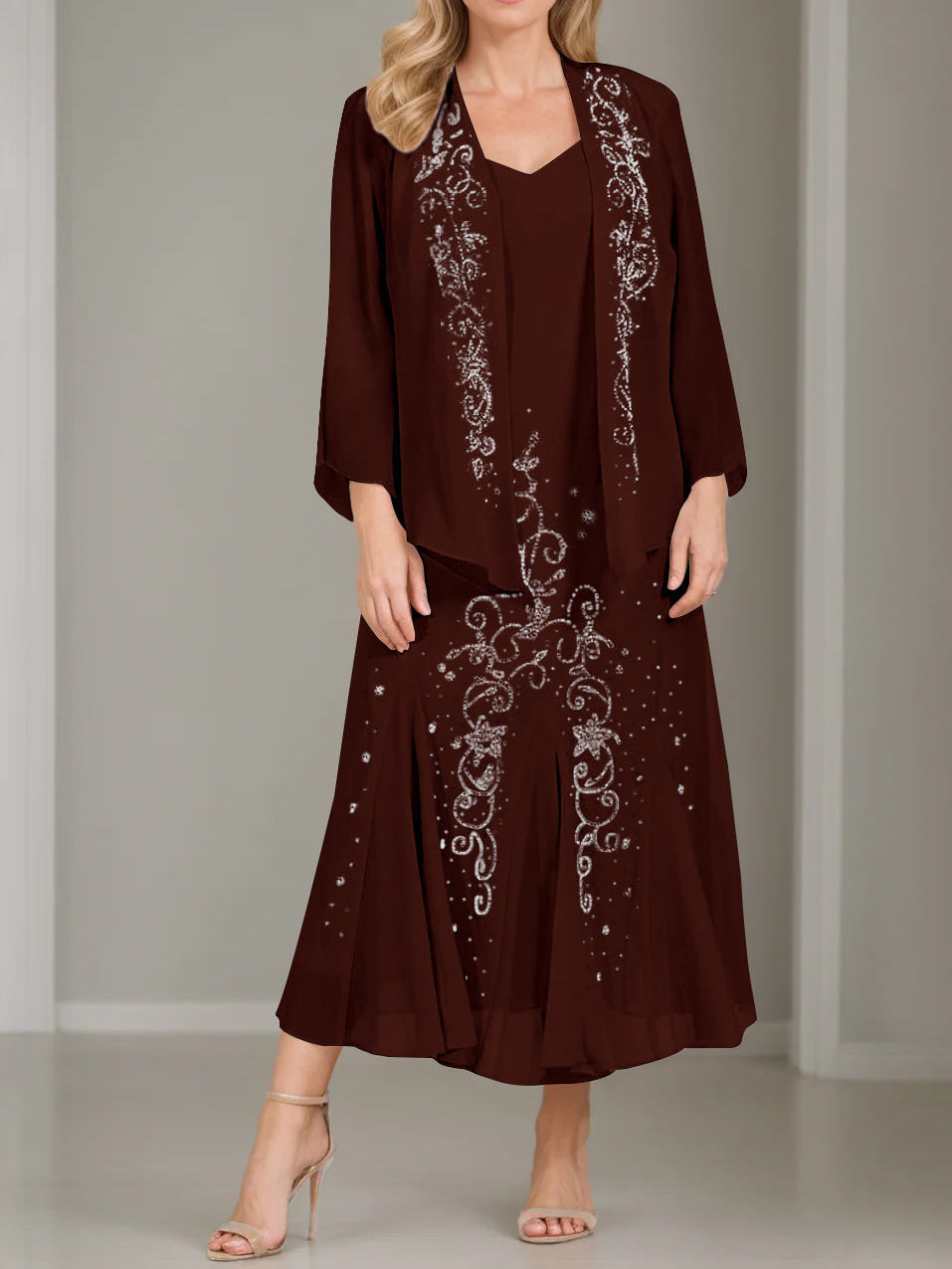 A-Line/Princess 2 Pieces V-Neck Tea-Length Plus Size Mother of the Bride Dresses with Jacket & Sequins