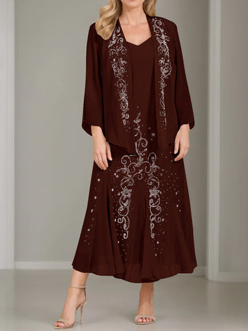 A-Line/Princess 2 Pieces V-Neck Tea-Length Plus Size Mother of the Bride Dresses with Jacket & Sequins