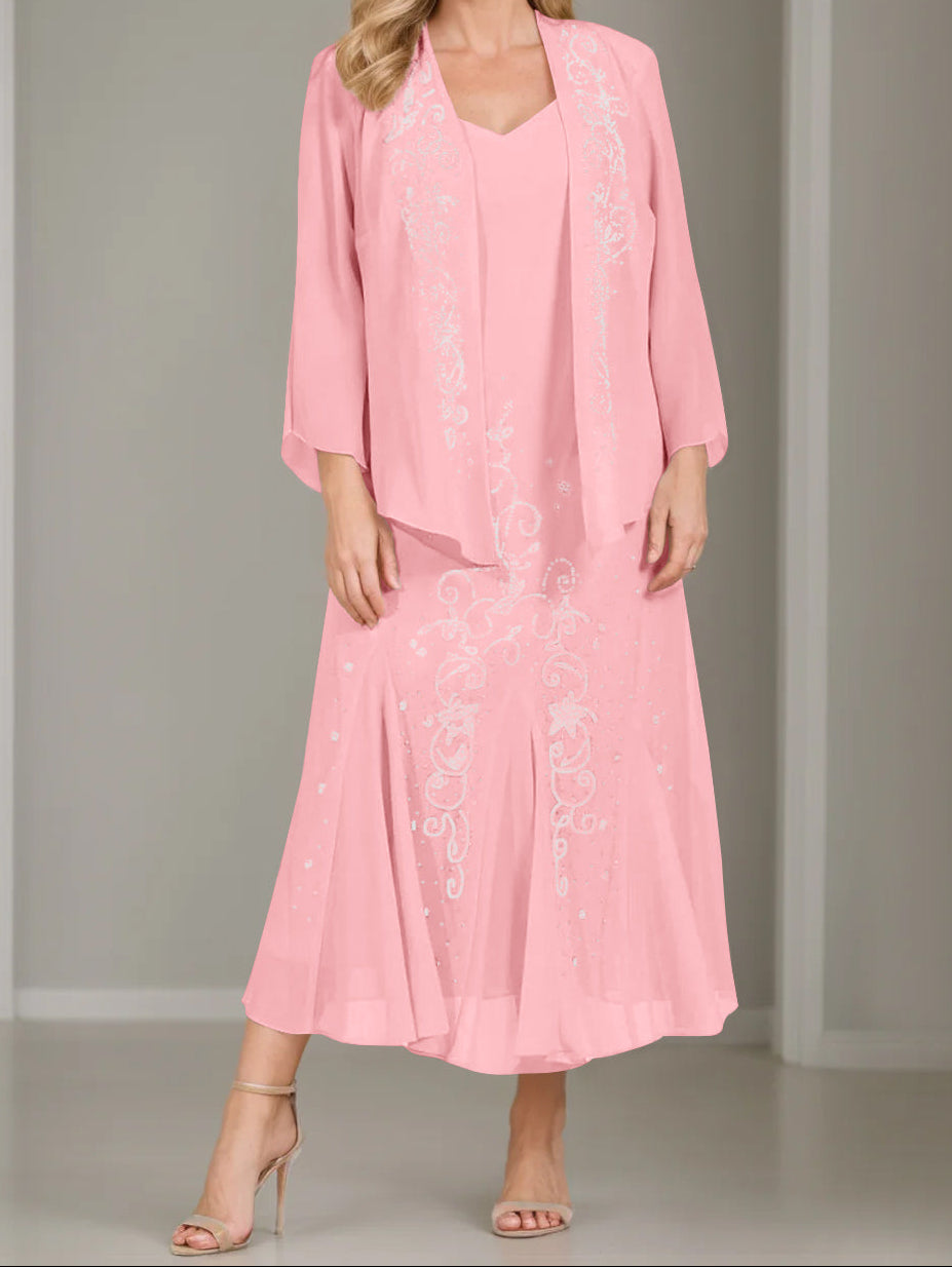 A-Line/Princess 2 Pieces V-Neck Tea-Length Plus Size Mother of the Bride Dresses with Jacket & Sequins