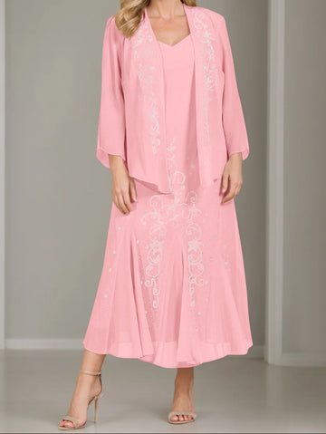A-Line/Princess 2 Pieces V-Neck Tea-Length Plus Size Mother of the Bride Dresses with Jacket & Sequins