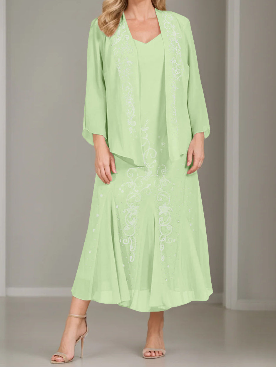 A-Line/Princess 2 Pieces V-Neck Tea-Length Plus Size Mother of the Bride Dresses with Jacket & Sequins