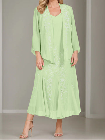 A-Line/Princess 2 Pieces V-Neck Tea-Length Plus Size Mother of the Bride Dresses with Jacket & Sequins