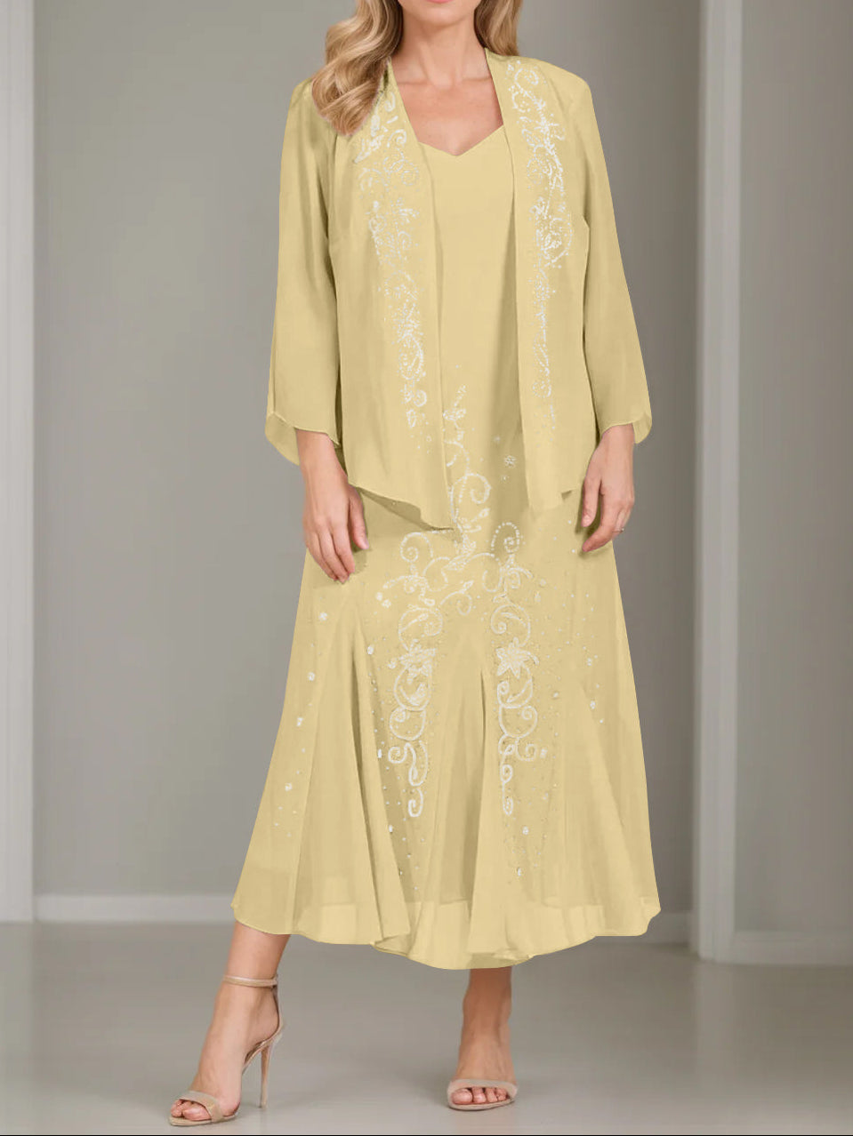 A-Line/Princess 2 Pieces V-Neck Tea-Length Plus Size Mother of the Bride Dresses with Jacket & Sequins