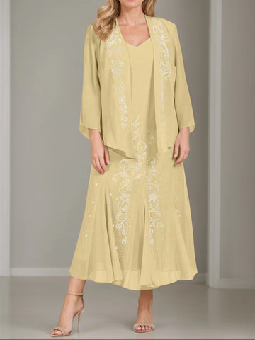 A-Line/Princess 2 Pieces V-Neck Tea-Length Plus Size Mother of the Bride Dresses with Jacket & Sequins