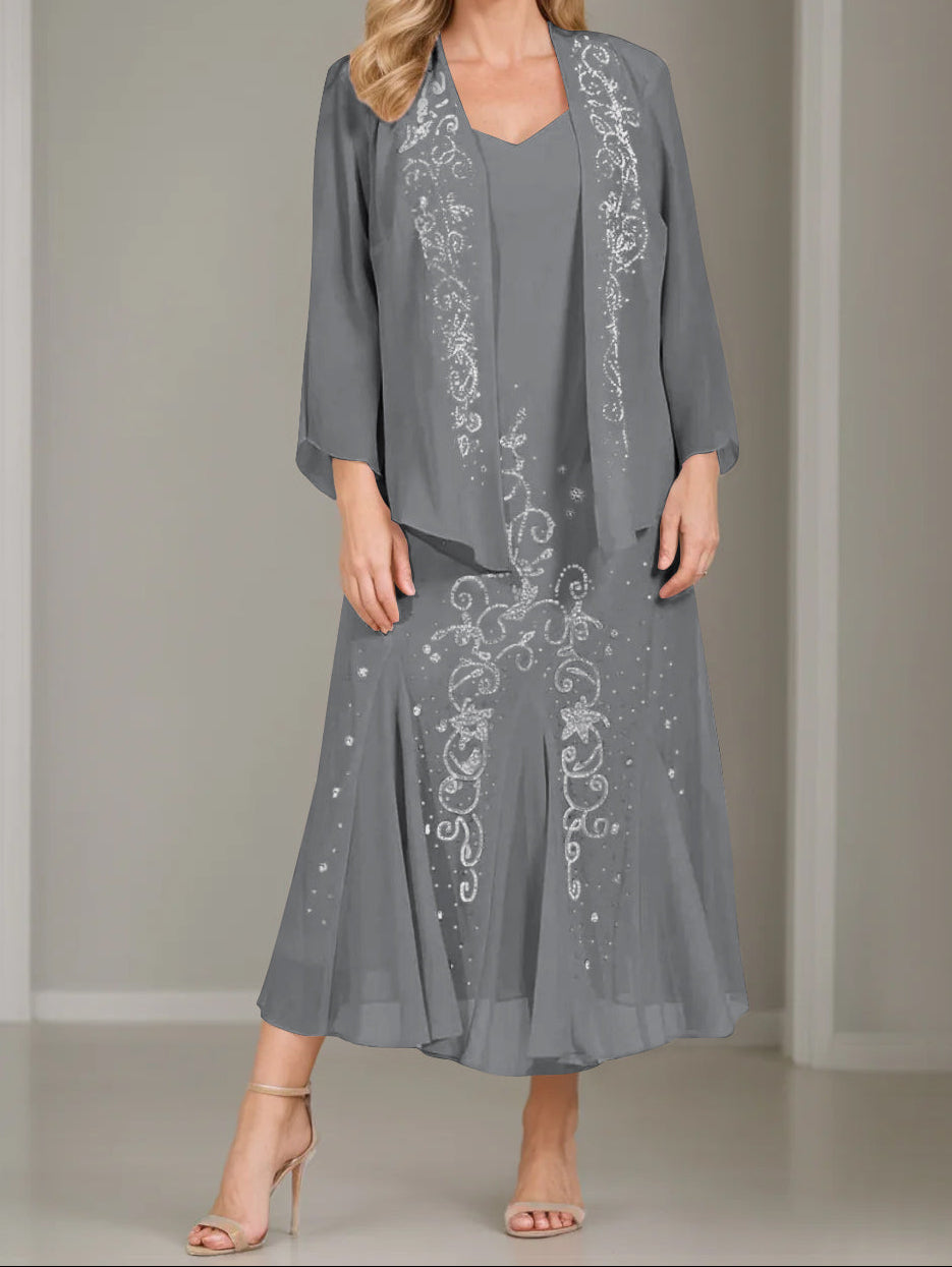 A-Line/Princess 2 Pieces V-Neck Tea-Length Plus Size Mother of the Bride Dresses with Jacket & Sequins