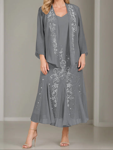A-Line/Princess 2 Pieces V-Neck Tea-Length Plus Size Mother of the Bride Dresses with Jacket & Sequins