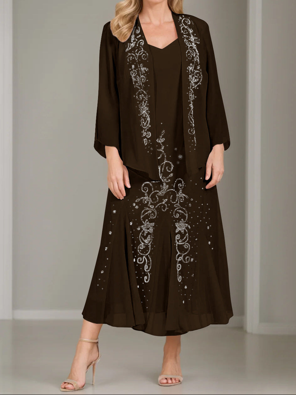 A-Line/Princess 2 Pieces V-Neck Tea-Length Plus Size Mother of the Bride Dresses with Jacket & Sequins