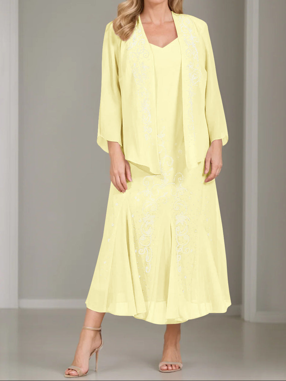 A-Line/Princess 2 Pieces V-Neck Tea-Length Plus Size Mother of the Bride Dresses with Jacket & Sequins