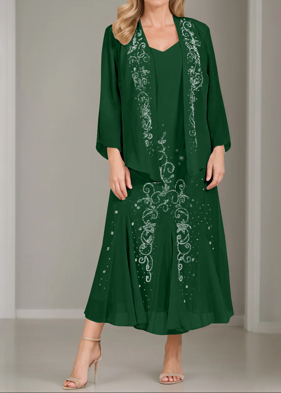 A-Line/Princess 2 Pieces V-Neck Tea-Length Plus Size Mother of the Bride Dresses with Jacket & Sequins