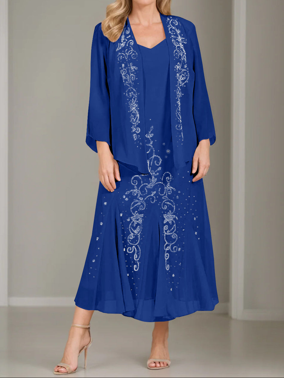 A-Line/Princess 2 Pieces V-Neck Tea-Length Plus Size Mother of the Bride Dresses with Jacket & Sequins