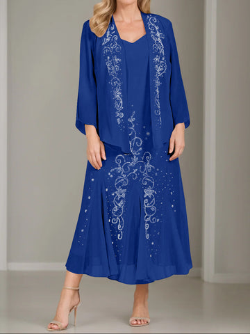 A-Line/Princess 2 Pieces V-Neck Tea-Length Plus Size Mother of the Bride Dresses with Jacket & Sequins