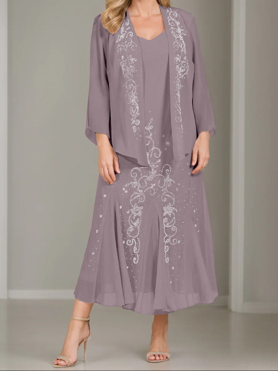 A-Line/Princess 2 Pieces V-Neck Tea-Length Plus Size Mother of the Bride Dresses with Jacket & Sequins