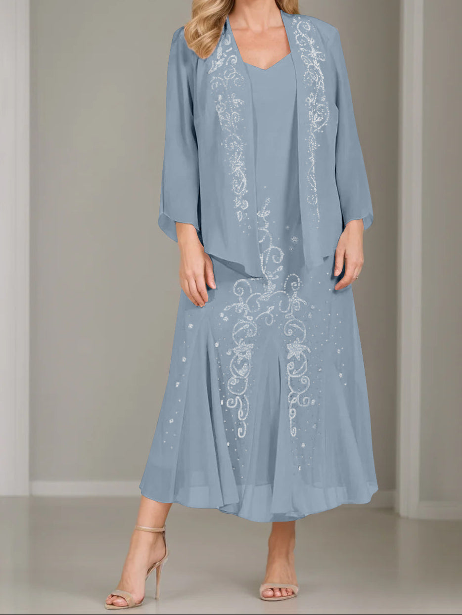 A-Line/Princess 2 Pieces V-Neck Tea-Length Plus Size Mother of the Bride Dresses with Jacket & Sequins