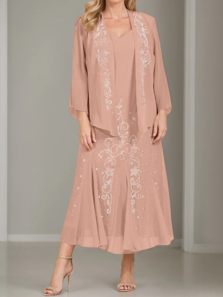 A-Line/Princess 2 Pieces V-Neck Tea-Length Plus Size Mother of the Bride Dresses with Jacket & Sequins