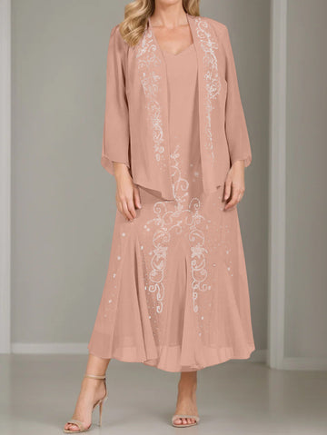 A-Line/Princess 2 Pieces V-Neck Tea-Length Plus Size Mother of the Bride Dresses with Jacket & Sequins
