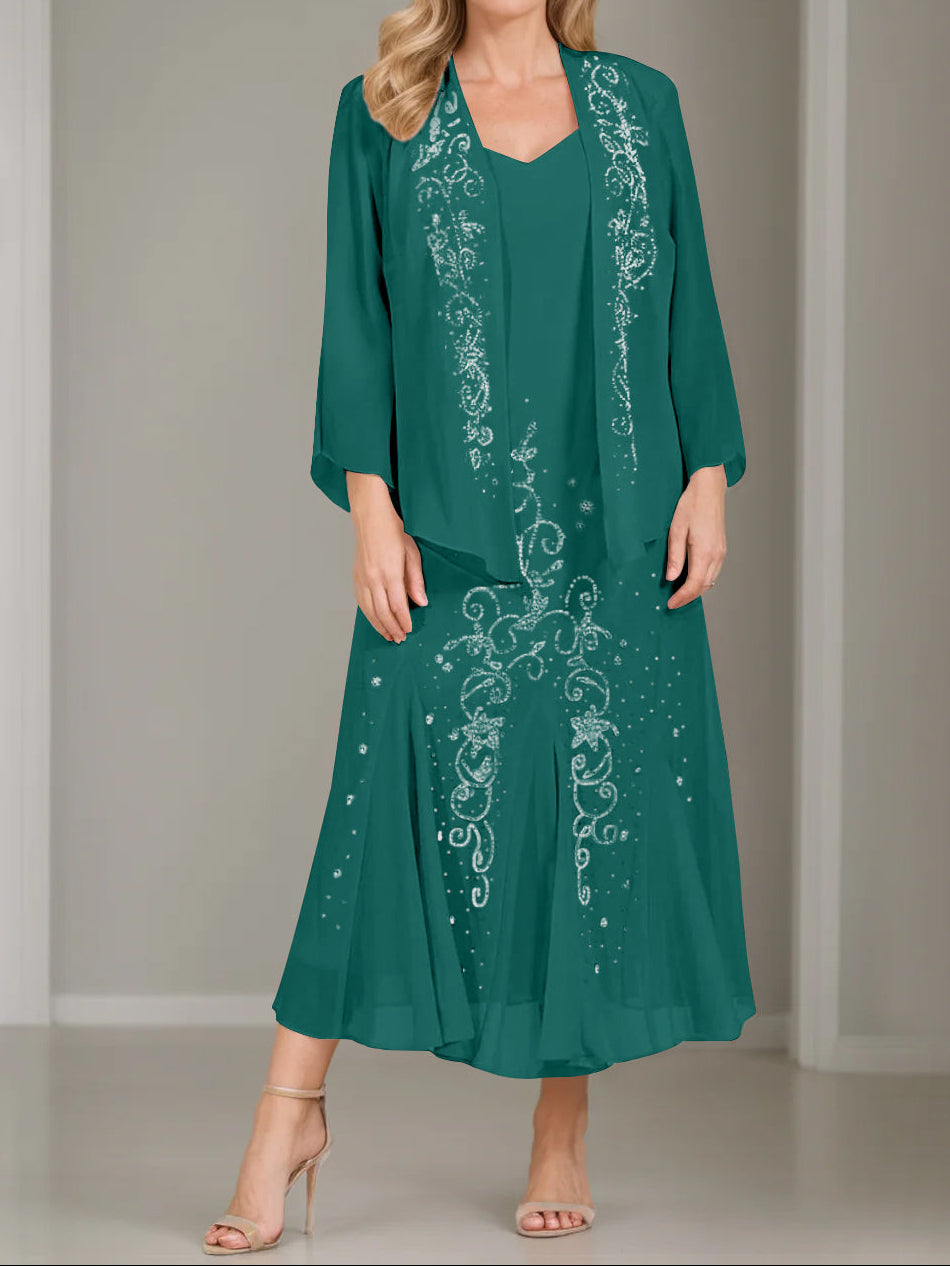 A-Line/Princess 2 Pieces V-Neck Tea-Length Plus Size Mother of the Bride Dresses with Jacket & Sequins