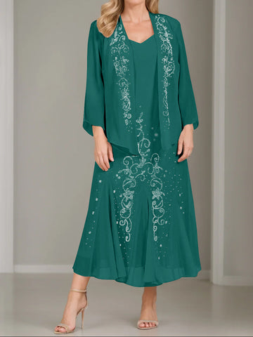 A-Line/Princess 2 Pieces V-Neck Tea-Length Plus Size Mother of the Bride Dresses with Jacket & Sequins
