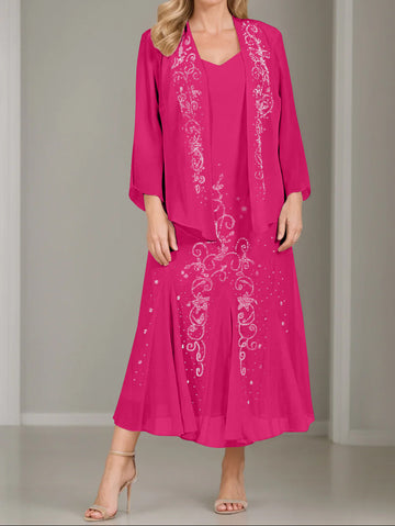 A-Line/Princess 2 Pieces V-Neck Tea-Length Plus Size Mother of the Bride Dresses with Jacket & Sequins