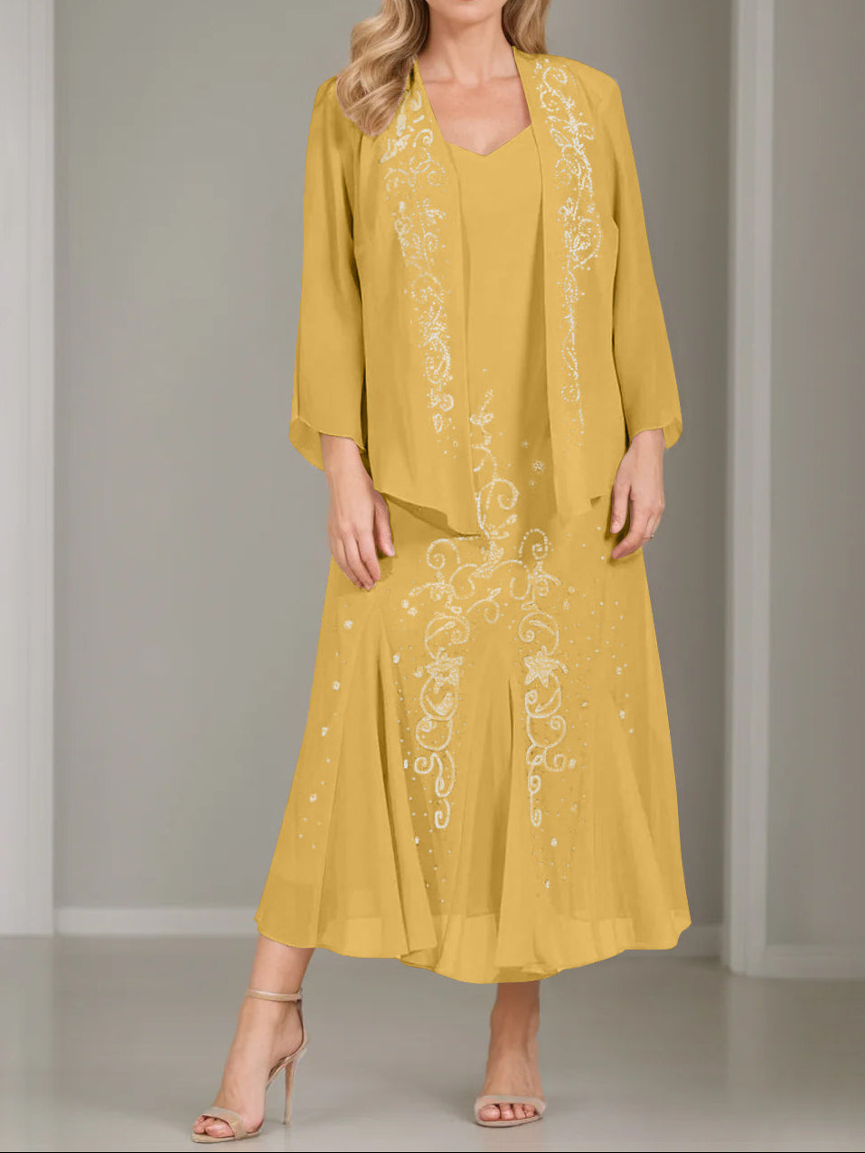 A-Line/Princess 2 Pieces V-Neck Tea-Length Plus Size Mother of the Bride Dresses with Jacket & Sequins