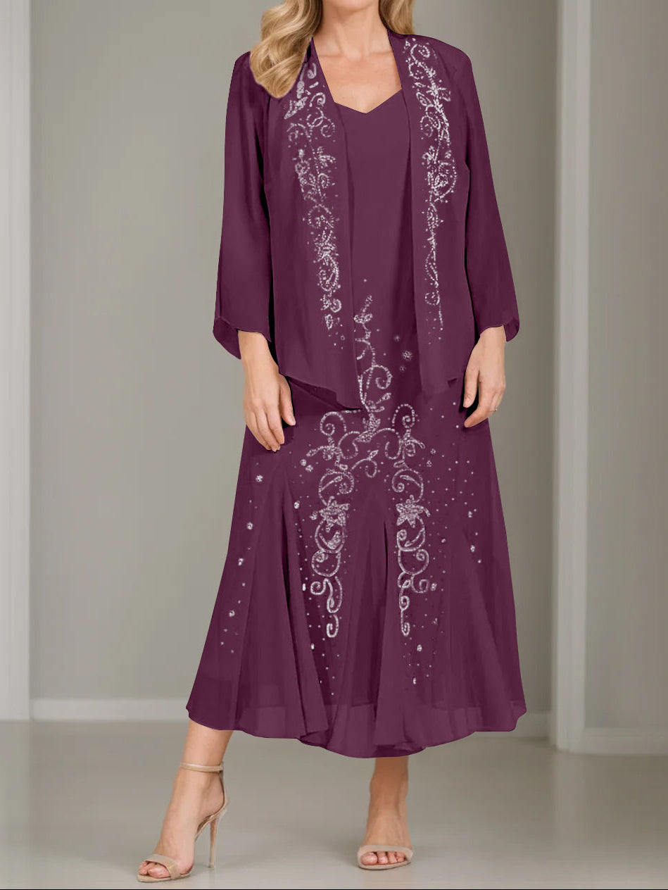 A-Line/Princess 2 Pieces V-Neck Tea-Length Plus Size Mother of the Bride Dresses with Jacket & Sequins