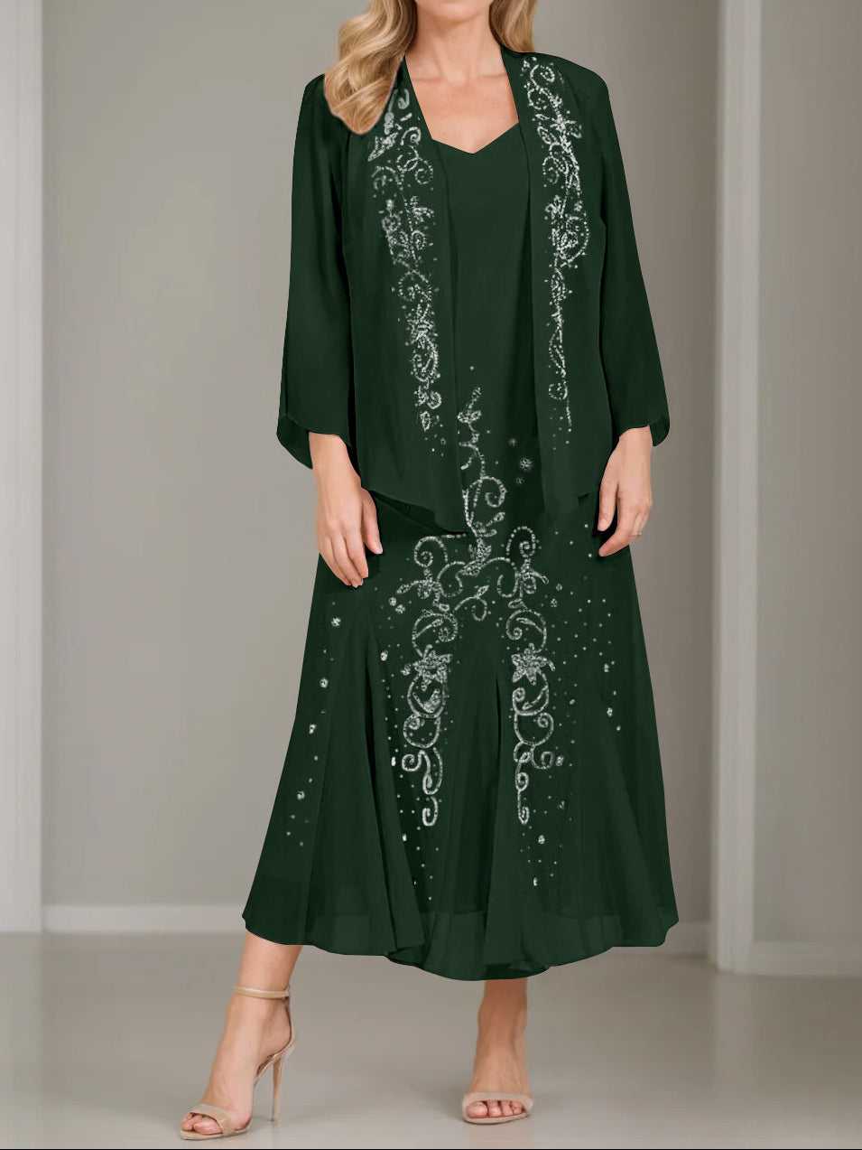 A-Line/Princess 2 Pieces V-Neck Tea-Length Plus Size Mother of the Bride Dresses with Jacket & Sequins