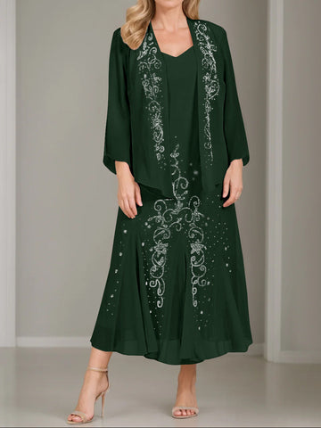 A-Line/Princess 2 Pieces V-Neck Tea-Length Plus Size Mother of the Bride Dresses with Jacket & Sequins
