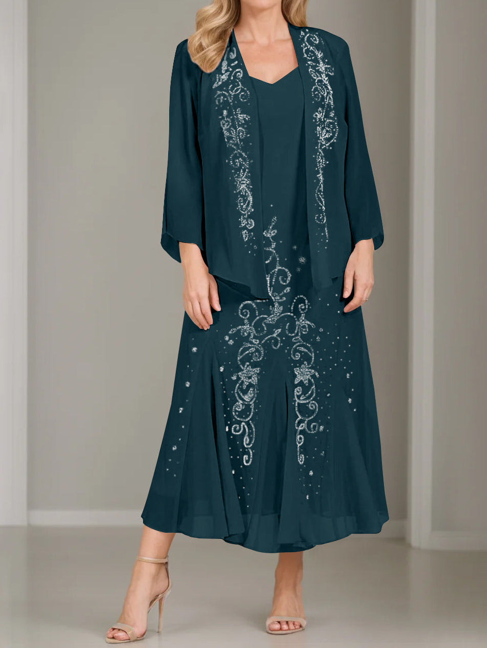 A-Line/Princess 2 Pieces V-Neck Tea-Length Plus Size Mother of the Bride Dresses with Jacket & Sequins