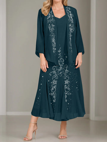A-Line/Princess 2 Pieces V-Neck Tea-Length Plus Size Mother of the Bride Dresses with Jacket & Sequins