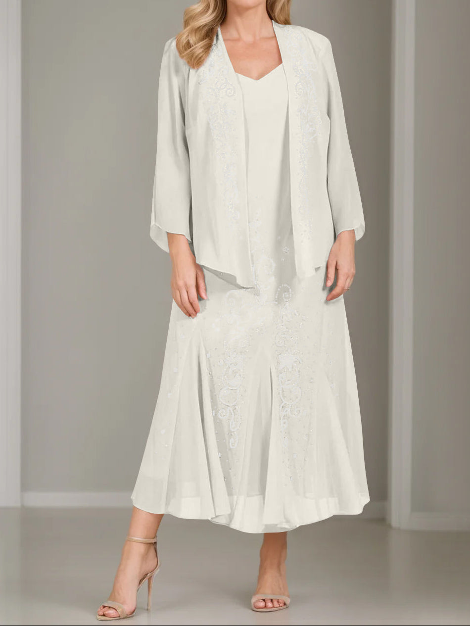 A-Line/Princess 2 Pieces V-Neck Tea-Length Plus Size Mother of the Bride Dresses with Jacket & Sequins